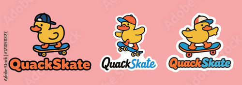 Cute cartoon duck mascot wearing a hat and riding a skateboard.