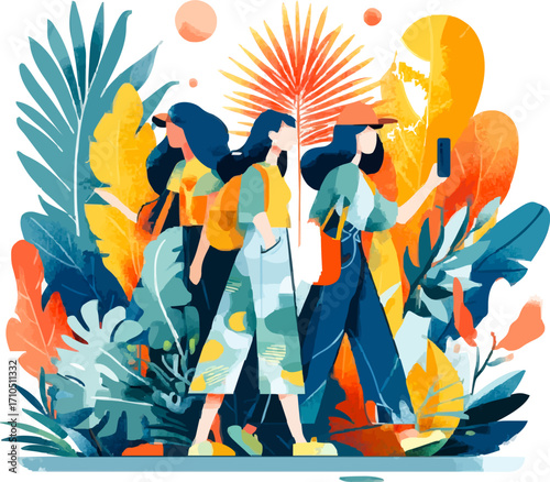 Three female tourists walking through lush foliage, taking pictures and enjoying their vacation in a tropical jungle