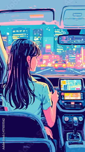 Woman driving a car at night in a city, looking at the gps on dashboard, with colorful lights