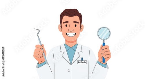 Wallpaper Mural Friendly cartoon dentist character holding professional dental instruments. Torontodigital.ca