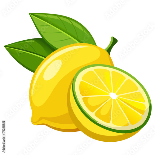 Fresh lemon fruit with green leaves, a healthy and juicy yellow citrus illustration
