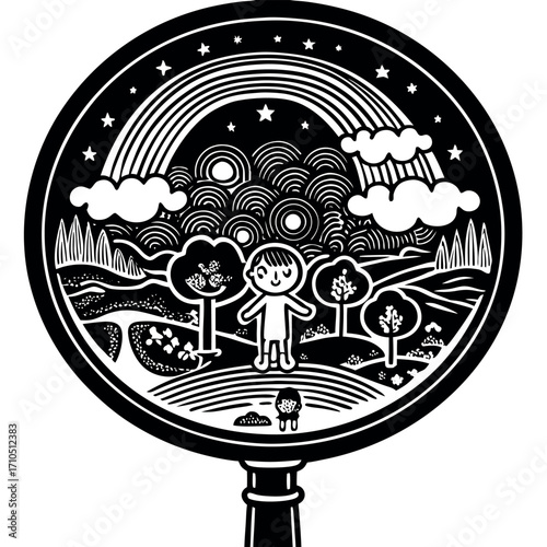 Child observing a whimsical landscape through a magnifying glass trees rainbow