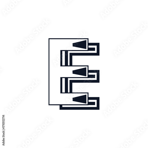 Elegant e letter logo with broadcast speakers, minimal monochrome icon