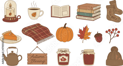 Cozy autumn elements collection featuring pumpkins pie and warmth isolated on white background