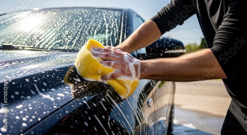 A person washing a black car with a yellow sponge and soap