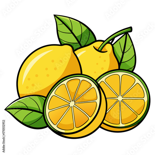 Juicy vector illustration of fresh citrus fruits orange and lemon, with a ripe, yellow slice