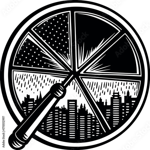 Circular city skyline viewed through segmented window with abstract patterns black and white