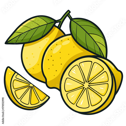 Fresh vector illustration of a ripe yellow lemon, isolated with green leaves and a lime slice