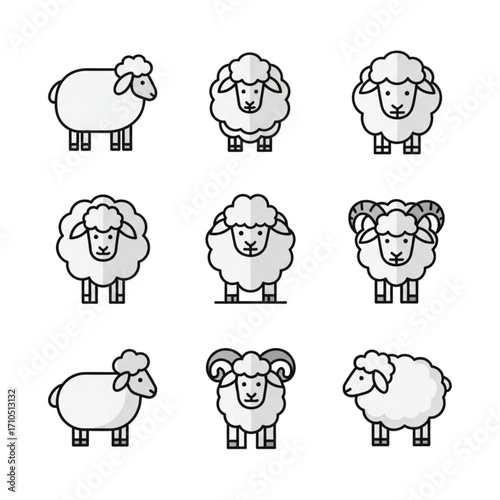 Nine sheep icons in a grid, displaying different poses and styles, including rams with curled horns and fluffy wool.