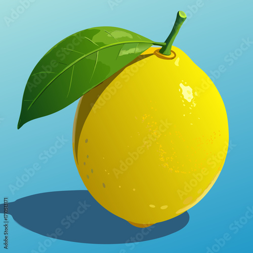 Fresh lemon with a green leaf on a vibrant blue background, a healthy and ripe citrus fruit