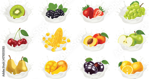 Twelve fruits splashing into milk or yogurt—realistic food illustration for healthy eating, juice ads, and dairy product design