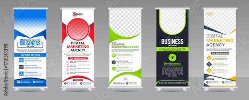 Corporate advertisement roll-up banner template with 5 different variant design.