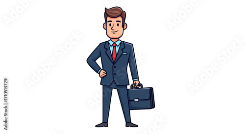 Confident Businessman in Suit Holding Briefcase Cartoon Illustration.