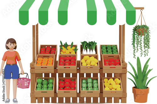 Fresh produce market stall with fruits and vegetables, healthy food illustration for nutrition awareness, local shopping, and lifestyle design