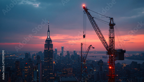 New York City Skyline with Empire State Building and Cranes at Dusk