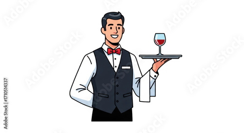 Smiling waiter serving wine in a restaurant.