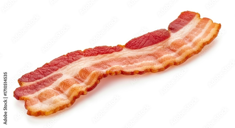 Obraz premium A strip of cooked bacon with alternating red and white layers slightly curved