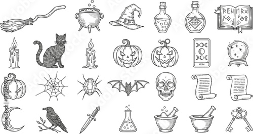 Collection of halloween and witchcraft symbols isolated on white background