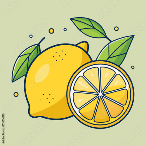 A tasty and fresh slice of ripe yellow lemon with a juicy leaf is a healthy illustration of tropical citrus fruitA tasty and fresh slice of ripe yellow lemon with a juicy leaf is a healthy illustratio