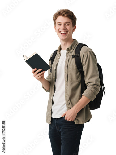 Smiling student holds book with transparent background for digital design, education, back-to-school themes.