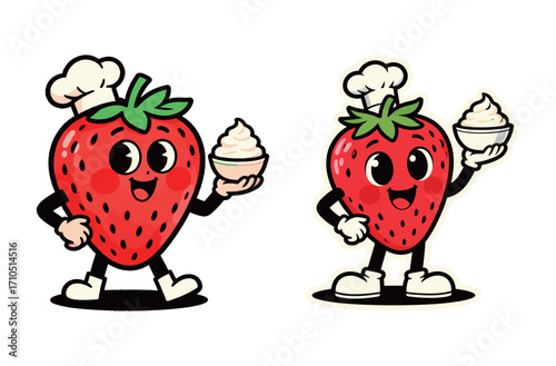 Happy cartoon strawberry character dressed as a chef and holding whipped cream.
