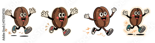 Cartoon coffee bean characters in various playful and energetic poses.