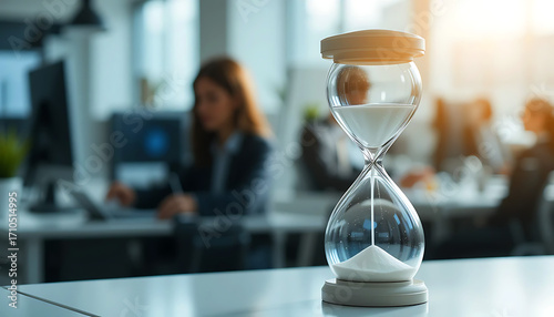 Close Up Hourglass on Desk in Office with Blurred People Working in Background