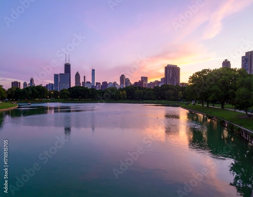 City skyline reflected in tranquil lake at sunset
