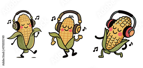 Cheerful cartoon ear of corn character wearing headphones and dancing.