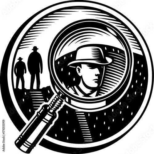 Detective examining figures through magnifying glass hats
