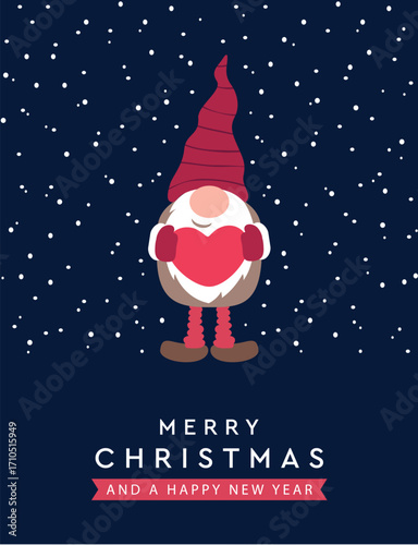 christmas greeting card with cute dwarf holding hearts and snowy background vector illustration