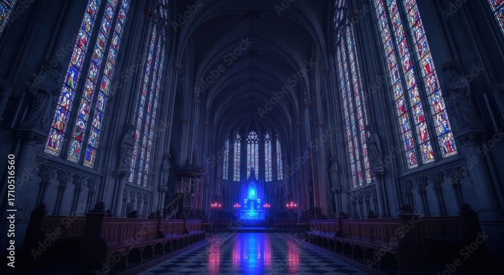 Fototapeta premium Dark cathedral interior, stained glass, blue glow