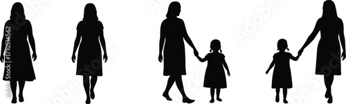 PrintSilhouette of Mother and Daughter Walking Together, Family Bond Concept, Parenting Love, Black Vector Isolated on White Background