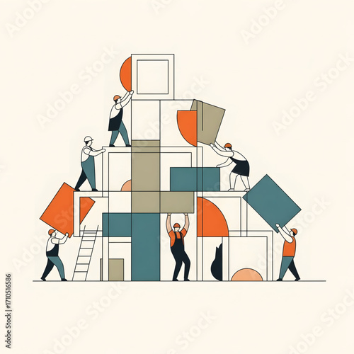 A team of construction workers collaborates to build a complex structure from large abstract geometric blocks.