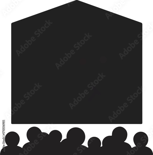 A black and white silhouette illustration depicting a stage or screen with an audience watching a performance or presentation.