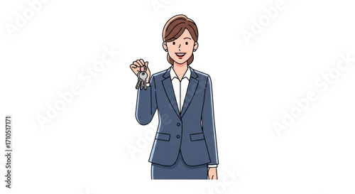 Smiling businesswoman in a suit holding a key and clenching her fist.