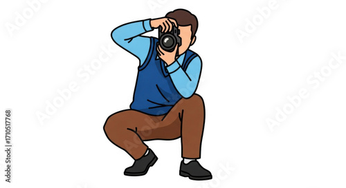 Photographer capturing a moment with professional camera focused and crouched down.