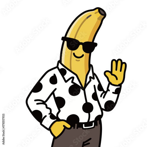 Cool cartoon banana character wearing a polka dot shirt and sunglasses, giving a friendly wave with a fun and tropical vibe.