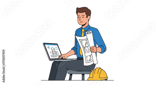 Male architect engineer working on laptop with blueprints and hard hat.