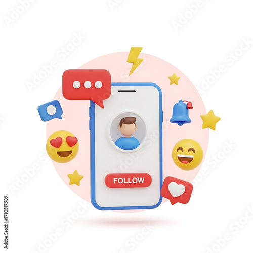 3d illustration of a smartphone with social media icons like follow button, chat bubble, heart, and notification bell, representing online engagement and communication