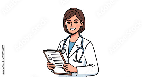 Friendly female doctor holding a clipboard with a checklist.