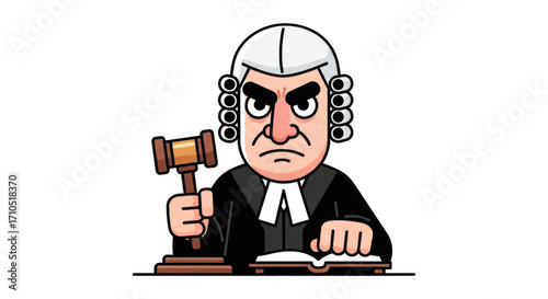 Stern Judge with Gavel and Law Book in Courtroom Setting.