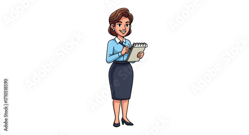 Professional woman in business attire taking notes with a pen and notepad.