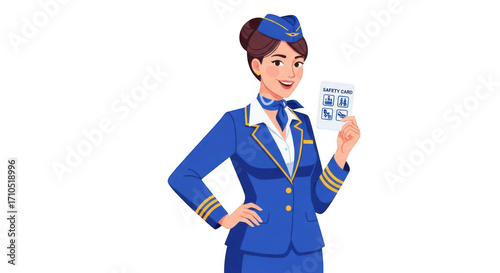 Smiling Flight Attendant in Blue Uniform Holding Boarding Pass.