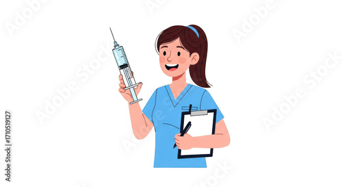 Smiling female nurse in blue scrubs holding a syringe.