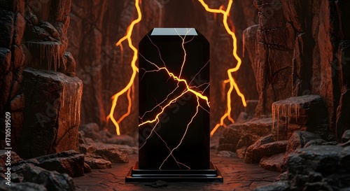 Ancient Obelisk Cracked By Lava Flows Within Volcanic Caves Glowing Intensely Dramatic Scene Of Fiery Inferno And Dark Stone