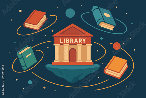 Illustration of a library surrounded by books in a cosmic space setting copy space