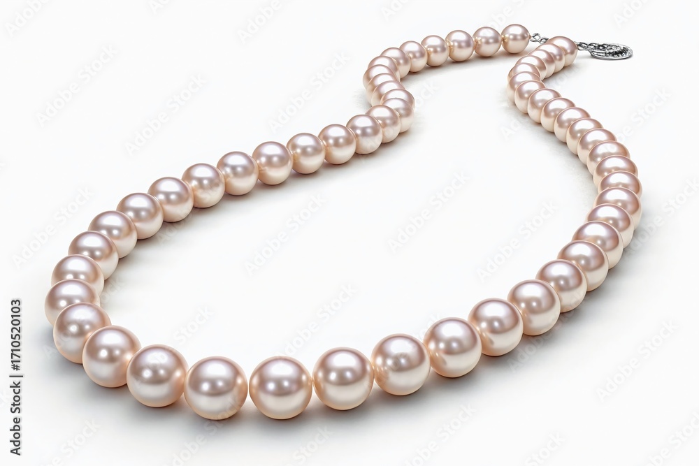 Obraz premium Elegance in simplicity, a single strand of shiny pearls forms a beautiful necklace isolated on a white background