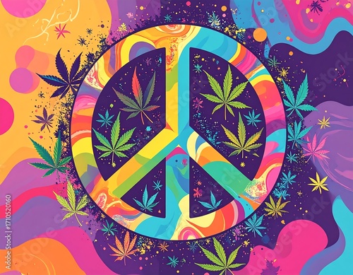 Psychedelic peace symbol with cannabis