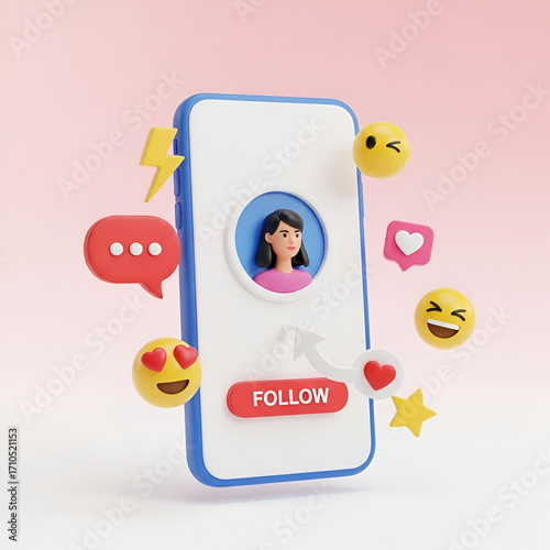 Smartphone displaying a profile with a follow button and social media icons and emojis, isolated on white background